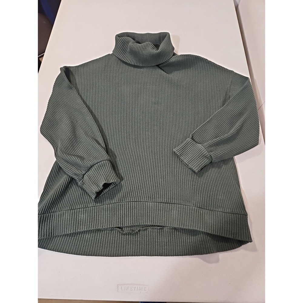 GAP Turtle Neck Sweater Womens M Green Waffle Knit Mock Neck Pullover(A1413